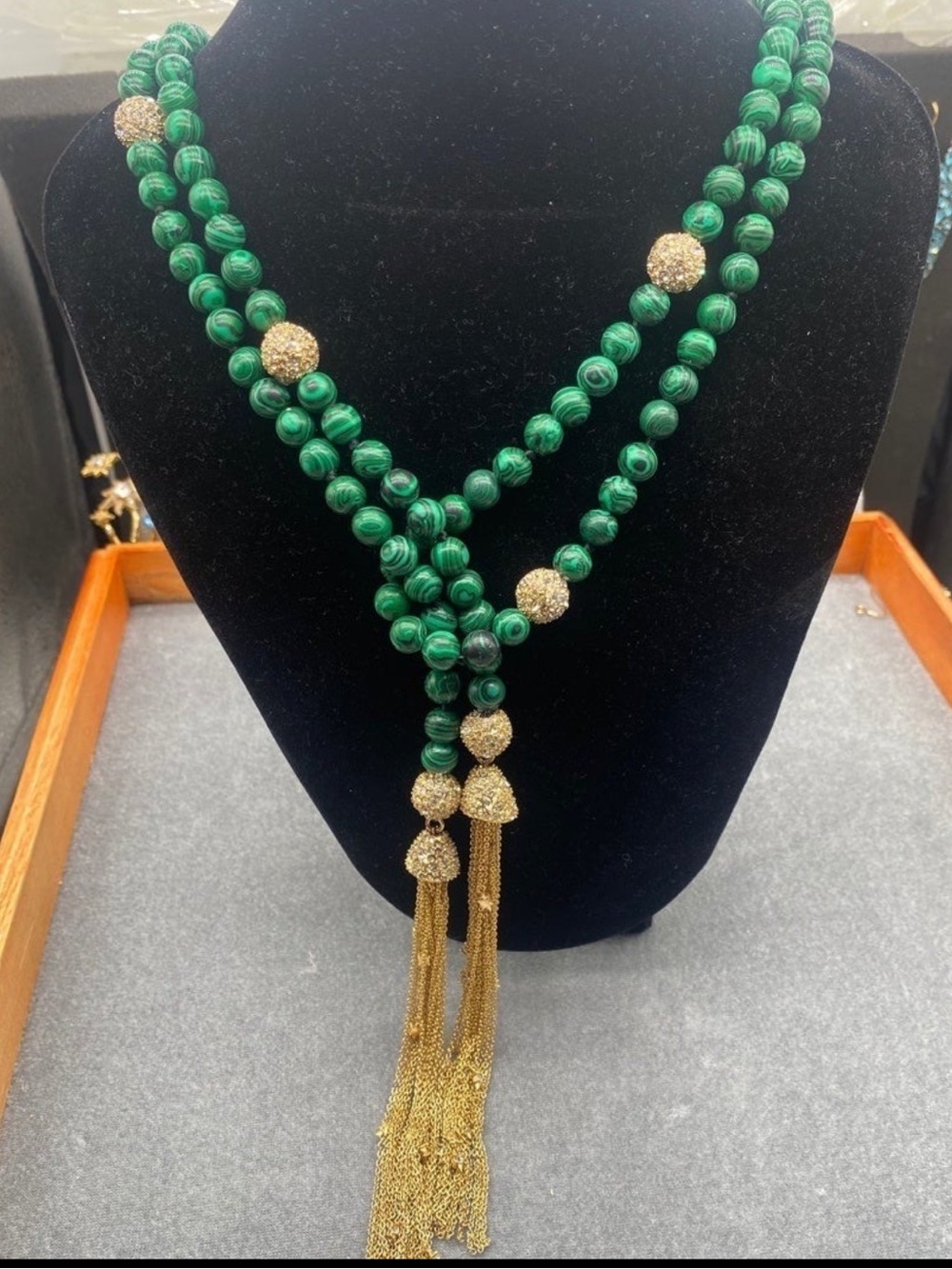 Alexis butter malachite Beaded Tassel Necklace with Gold Accent Beads